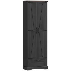 71" Pantry Cabinet, Kitchen Storage Cabinet with Adjustable Shelves, Barn Doors and Drawer for Dining Room, Black
