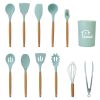11Pcs Silicone Cooking Utensil Set Heat Resist Wooden Handle Silicone Spatula Turner Ladle Spaghetti Server Tongs Spoon Egg Whish Kitchenware Set w/ H