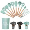 11Pcs Silicone Cooking Utensil Set Heat Resist Wooden Handle Silicone Spatula Turner Ladle Spaghetti Server Tongs Spoon Egg Whish Kitchenware Set w/ H
