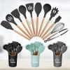 11Pcs Silicone Cooking Utensil Set Heat Resist Wooden Handle Silicone Spatula Turner Ladle Spaghetti Server Tongs Spoon Egg Whish Kitchenware Set w/ H
