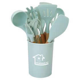 11Pcs Silicone Cooking Utensil Set Heat Resist Wooden Handle Silicone Spatula Turner Ladle Spaghetti Server Tongs Spoon Egg Whish Kitchenware Set w/ H (Color: LightGreen)