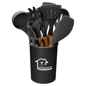 11Pcs Silicone Cooking Utensil Set Heat Resist Wooden Handle Silicone Spatula Turner Ladle Spaghetti Server Tongs Spoon Egg Whish Kitchenware Set w/ H (Color: Black)