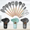 11Pcs Silicone Cooking Utensil Set Heat Resist Wooden Handle Silicone Spatula Turner Ladle Spaghetti Server Tongs Spoon Egg Whish Kitchenware Set w/ H