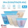 3Pcs Silicone Food Storage Bags Reusable Leakproof Food Container Set with 3 Seals Microwave Dishwasher Safe Environment Friendly 8.5Oz/17Oz/25.4Oz