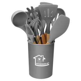 11Pcs Silicone Cooking Utensil Set Heat Resist Wooden Handle Silicone Spatula Turner Ladle Spaghetti Server Tongs Spoon Egg Whish Kitchenware Set w/ H (Color: Grey)