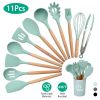 11Pcs Silicone Cooking Utensil Set Heat Resist Wooden Handle Silicone Spatula Turner Ladle Spaghetti Server Tongs Spoon Egg Whish Kitchenware Set w/ H