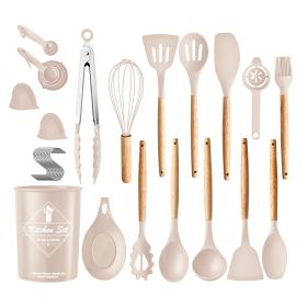 35Pcs Kitchen Cooking Utensils Set Spatula Set Baking Utensil Set Kitchen Accessories Necessities with Holder Egg Whisk Separator Tong Turner Spoons C (Color: Khaki)