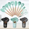 11Pcs Silicone Cooking Utensil Set Heat Resist Wooden Handle Silicone Spatula Turner Ladle Spaghetti Server Tongs Spoon Egg Whish Kitchenware Set w/ H