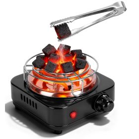 Electric Charcoal Burner 500W Hookah Charcoal Burner Compact Coal Burner for Hooka Cubes Shisha with Grill and Tongs 5 Temperature Gears 338℉-1022℉ Th (Color: Black)