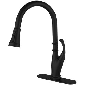 Single-Handle Pull-Down Sprayer 3 Spray High Arc Kitchen Faucet With Deck Plate in Matte Black (Color: Matte Black)